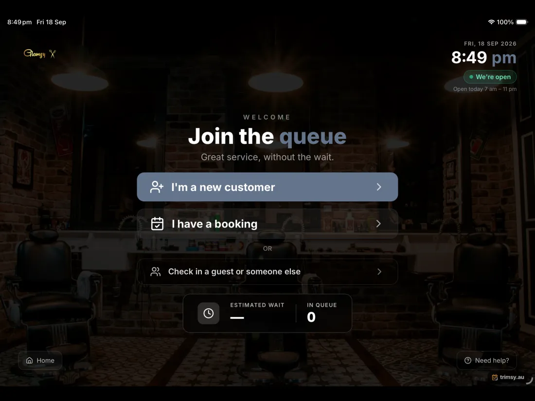 The tablet at the door, where a walk-in taps to join the queue