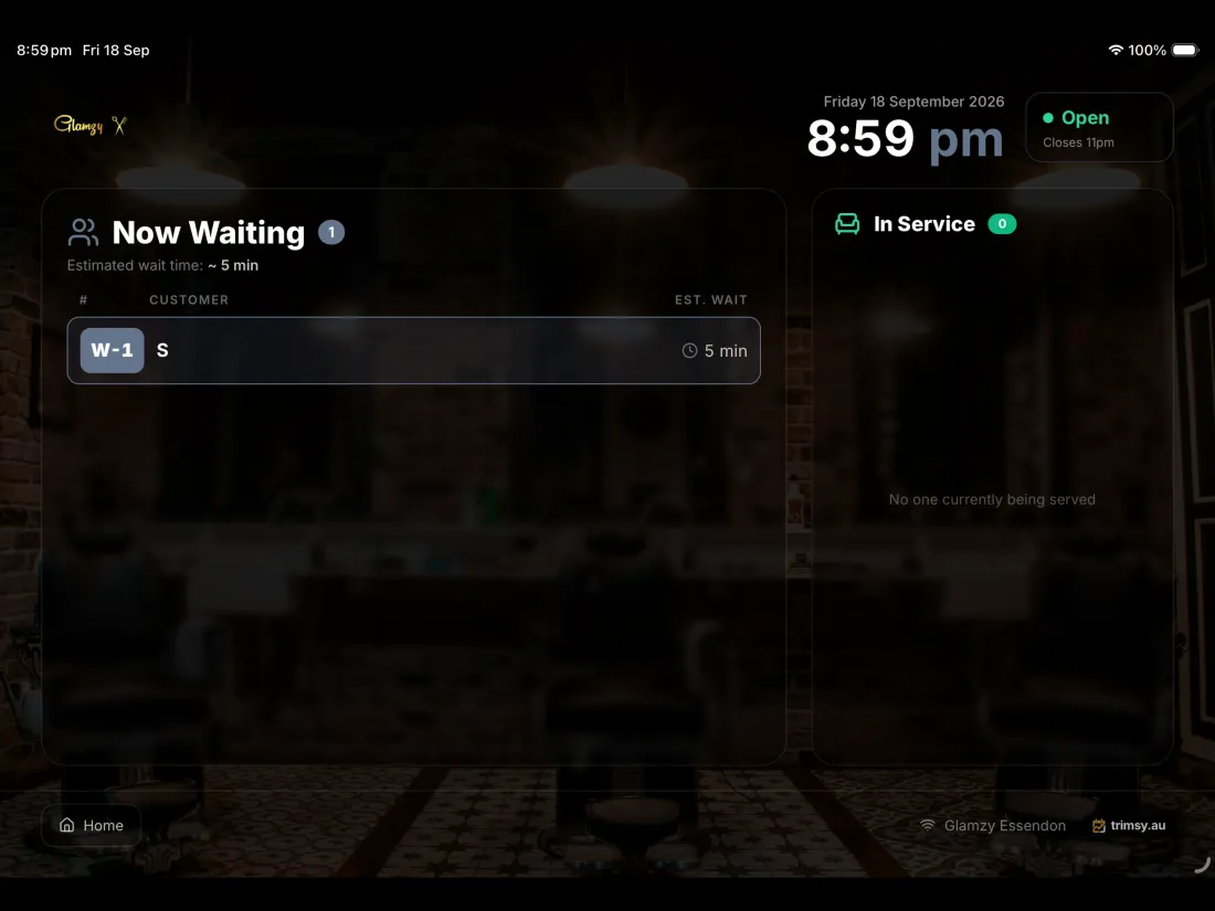 The waiting-room board showing who is next and how long they have waited