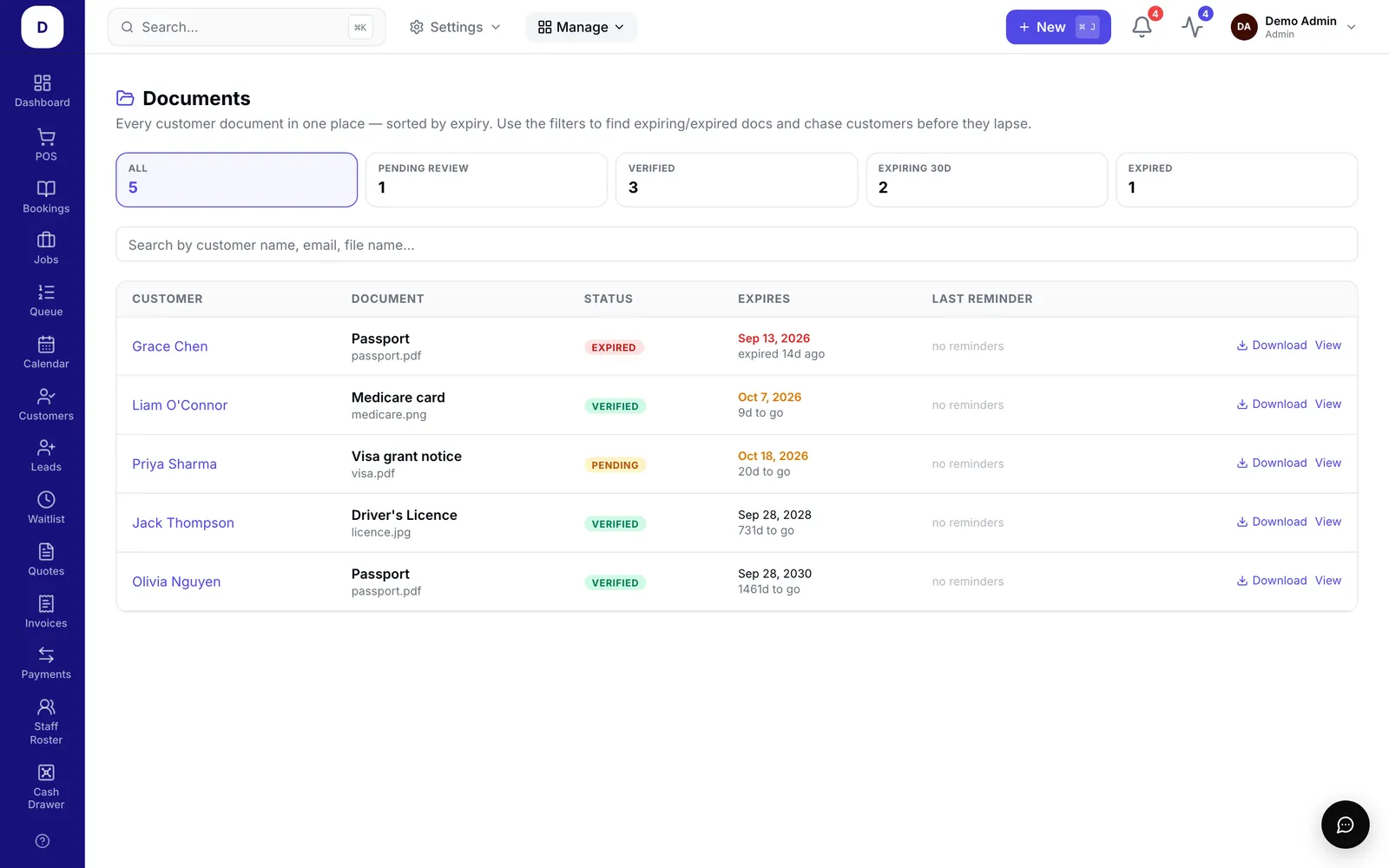 Customer documents & expiry tracking