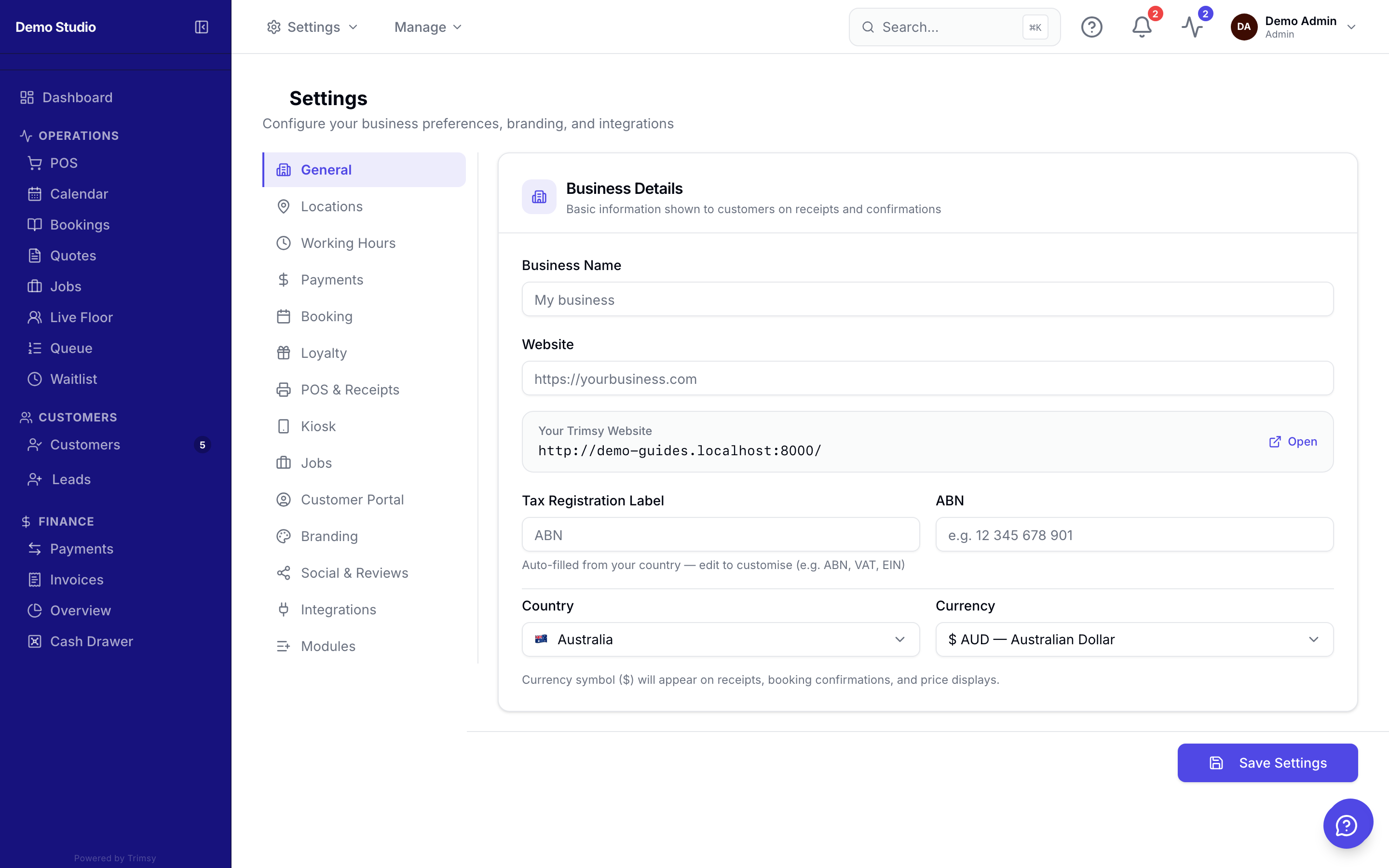Online booking settings