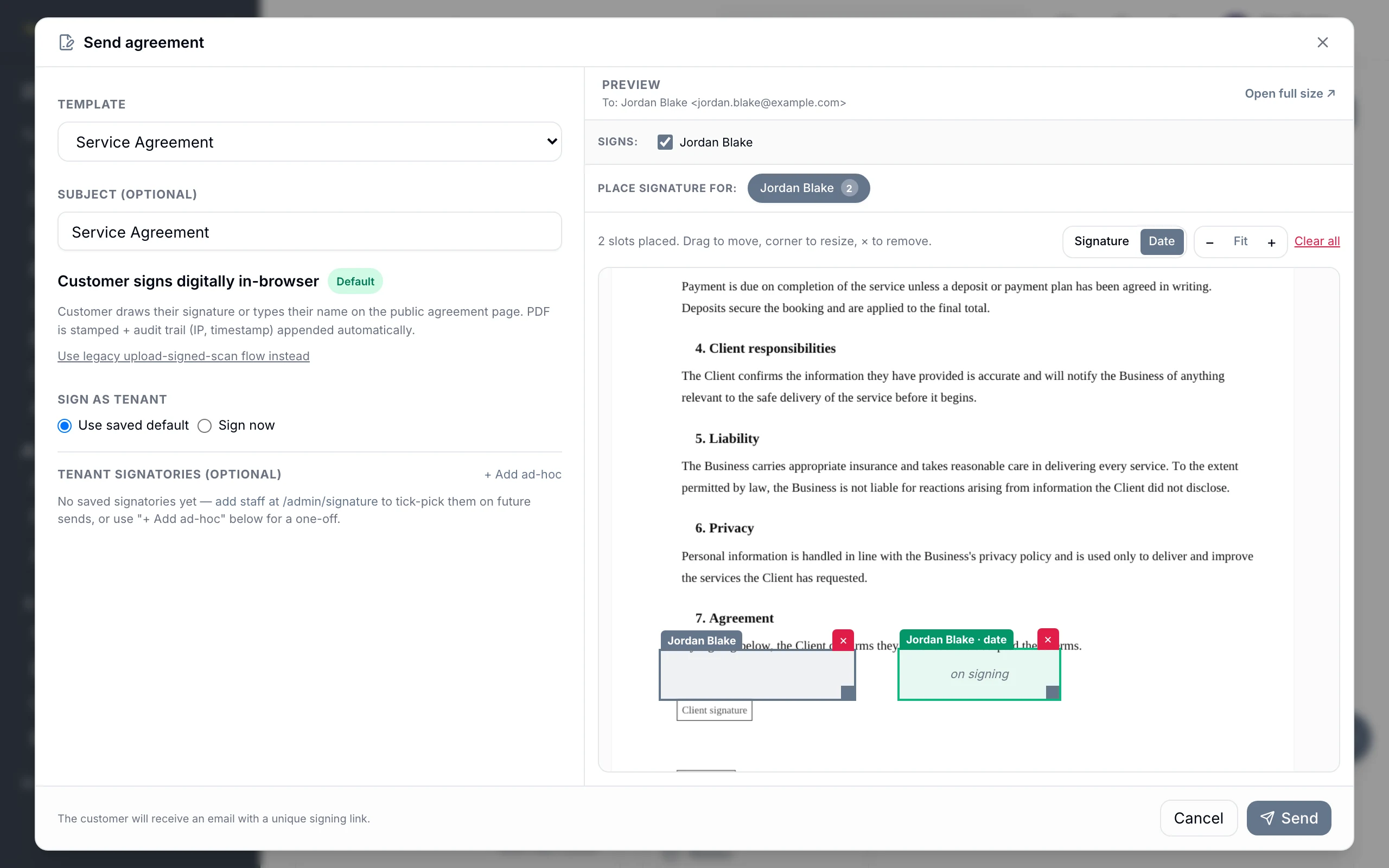 Agreements & e-sign in Trimsy
